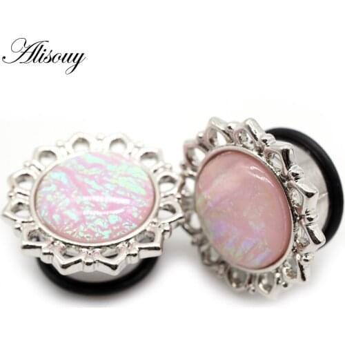 Alisouy 1Pair Natural Pink Opal Stone Ear Plug Guages Tunnels Ear Expander Stretcher Saddle Body Piercing Jewelry 6-16mm