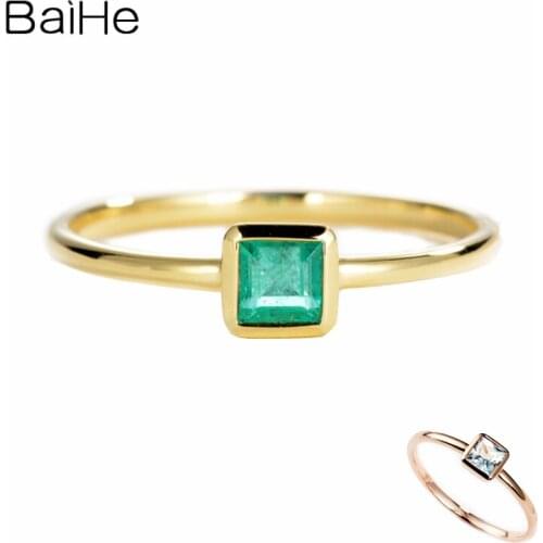 BAIHE Solid 14K Rose Gold Square Flawless Natural Aquamarine Wedding Band Cute/Romantic Ring Fiine Jewelry Gift Ring Women Man