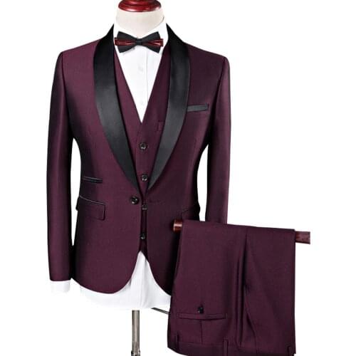 Burgundy Suit Male 3 Piece Set Business Mens Suits Blazers Boutique Suit Slim 2021 High-end Formal Fit Party. Wedding Regular