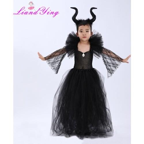 Kids Black Queen Clothes Girls Halloween Fancy Tutu Dress Costume Children Witch Party Dress with Horn with Lace Sleeves