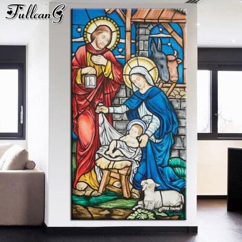 FULLCANG holy family mosaic 5d diy diamond painting religious icons full square round drill rhinestone embroidery kits FG0197