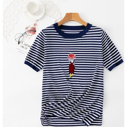 Striped Top T-Shirt Female INS Tide Womens 2021 Summer Loose Wild Embroidery Bright Silk Short-Sleeved Female Port Style Simple