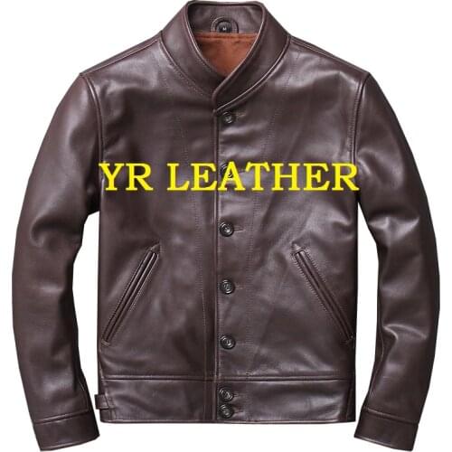 YR!Free shipping.Dropship.Brand brown casual style genuine leather jacket.vintage Fetal cowhide coat.plus size slim jackets