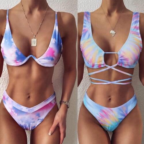 Gradient Tie-dye Bikini Split Strap Swimsuit Printed High Waist Rainbow Color Beach Push-up Bathing Sexy Thong Micro Bikini Set