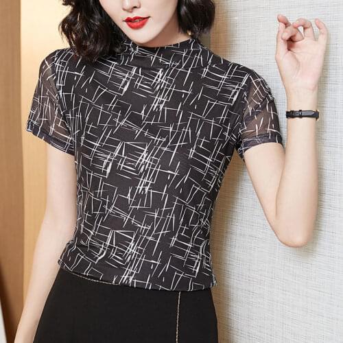 Cotton T Shirt Women Summer 2021 O-neck Lace Print Floral Short Sleeve Plus Size Female Tshirts Casual Tees Harajuku Mesh PD176