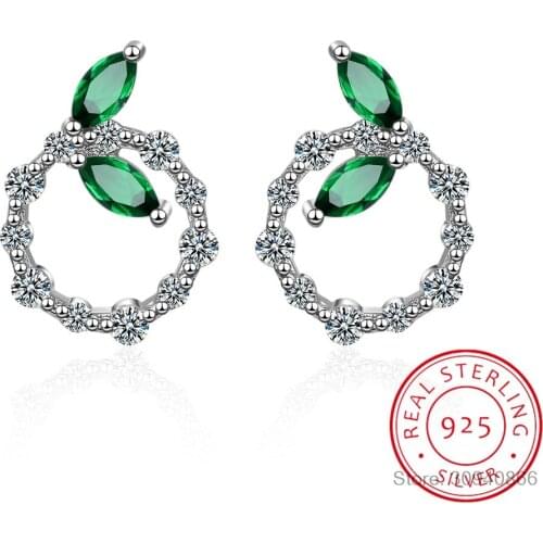 Korean Fashion Style Simple Circular Ear Studs Silver 925 Jewelry Gemstones Earrings for Women Emerald Leaf Dating