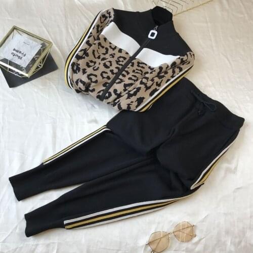 Leopard Striped Two Piece Tracksuits Women Knit Pant Set Long Sleeve Zip-Up Sweater Cardigan and Waist-Elastic Sweatpants Suit