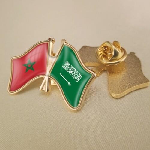 Morocco and Saudi Arabia Crossed Double Friendship Flags Lapel Pins Brooch Badges