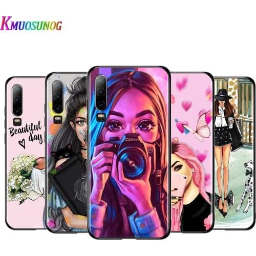 Fashion Female Girl For Huawei P40 P30 P20 P10 P9 P8 Lite E mini Pro Plus 5G 2017 2019 Silicone Black Soft Glass Phone Case