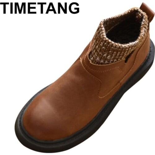 TIMETANGFashion Boots Women Winter Women Chelsea Soft Leather Boots Female Botas Plush Ankle Inside Warm Shoes