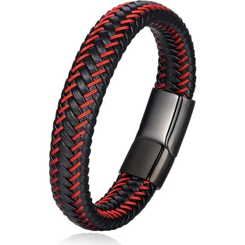 Punk Fashion Mens Bracelet Red And Black Mixed Color Ieather Rope Bracelet Magnetic Buckle Mens Wristband Can Be Customized