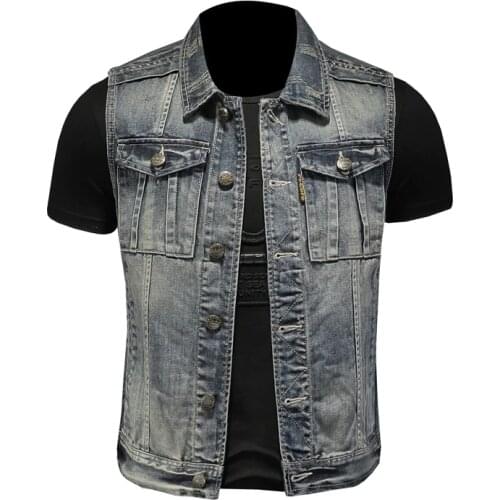 Mens Motorcycle Denim Vest Vintage Cowboy Sleeveless Jean Jacket Single Breasted Fashion Casual Waistcaot Spring Autumn