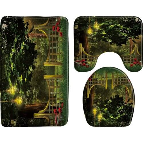 Fantasy Forest Wooden Door Bath Mat 3 Piece Set Scenery Bathroom Rugs Bathtub Carpet Anti-Slip Toilet Mats Bathroom Products