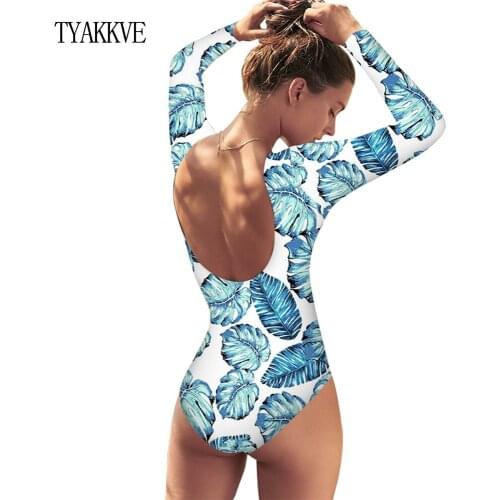 2021 New Long Sleeve Swimsuit One Piece Leave Print Surf Swimwear Women Sport High Neck Bodysuit Swim Suits backless Monokini XL