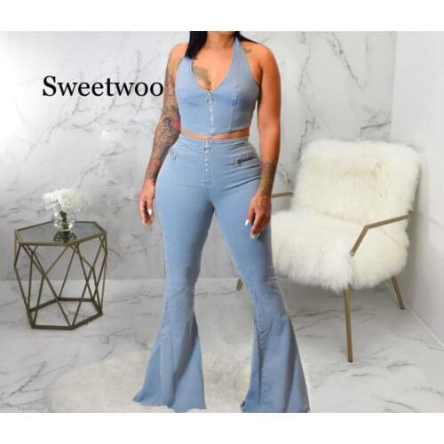 New Denim Set Sexy Party Fashion Solid Mini Tank Long Boot Cut Pants Women 2-Pieces Outfits