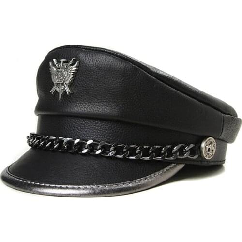 Novelty Winter Men‘s Genuine Leather Hat Male Flat Top Badge Locomotive Retro Military Caps Students Punk Cortical Chain Gorra