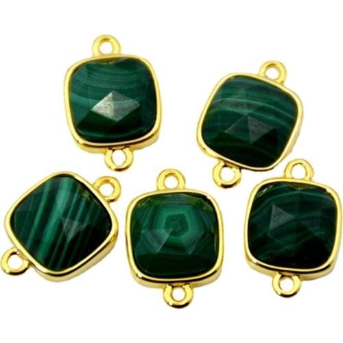 Green malachite connector Faceted square Gem stone charms cute tiny jewelry gold bezel setting findings double bail pendant