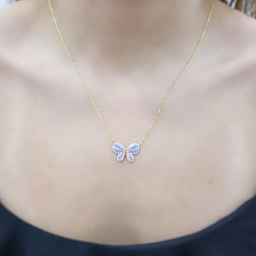 Blue Evil Eye Beads Butterfly Necklace 925 Sterling Silver, Gold, Rose Plated Zircon Necklace Women Girls Handmade Minimalist