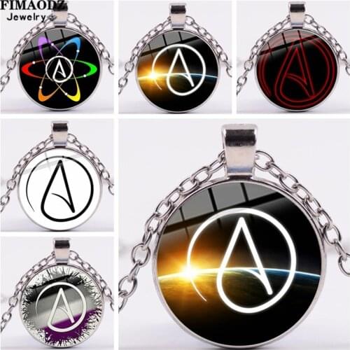 FIMAODZ Atheist Atheism Symbol Necklace Glass Cabochon Pendant Long Chain No Religion Jewelry for Men Women