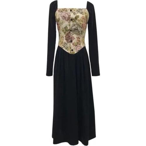 PERHAPS U Long-sleeved Dress Black Floral Embroidery Mid Calf A-line Elegant Chic D2134