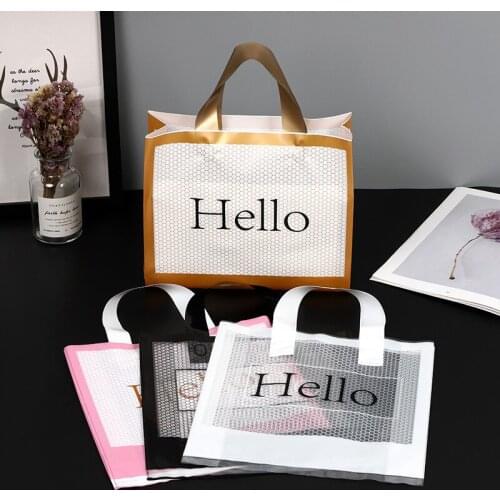 10pcs 27x27x8cm ''Hello''Print Thick Plastic Shopping Handle Bags Clothing Packaging Pink Black Plastic Storag Bag With Handle