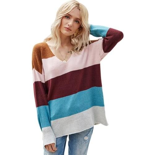 Sexy Open Back Loose Knit Sweater Striped Contrast Color V-neck Pullover