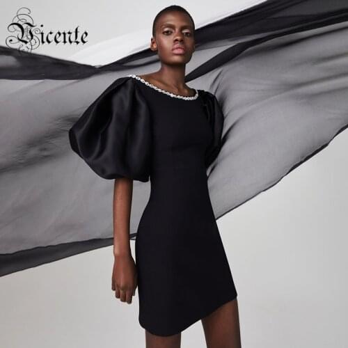 VC Trendy Crystal Design Mini Dress Puff Sleeves Scoop Neck Celebrity Party Club Bandage Black Vestido Free Shipping