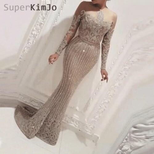 SuperKimJo Mermaid Long Sleeve Evening Dresses 2019 Robe De Soiree Sparkly Elegant Sexy Evening Gown Vestido De Festa