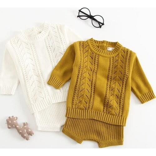 Spring Autumn Infant Baby Boys Girls Knit Long Sleeve Hollow-out Sweater + Shorts Pants Clothing Sets Kids Boy Girl Suit Clothes