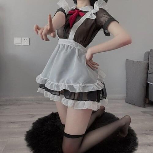 Sexy Lingerie New Maid Outfit Erotic Open Crotch Extreme Temptation Maid Uniform Training Mesh Perspective Folds Tie Bow Cosplay