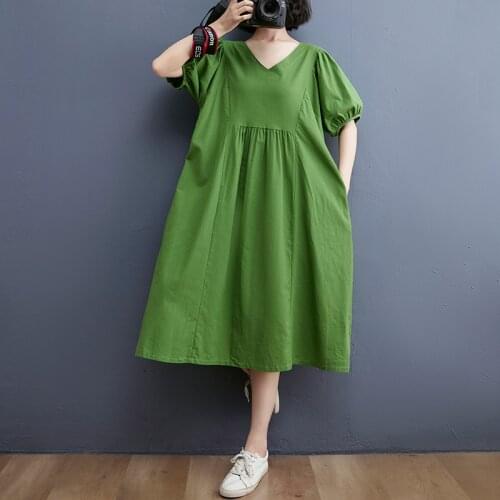 Lantern Sleeve Solid Color Korea Style Fashion Green Summer Dress 2021 New Arrival Cotton Linen Loose Women Travel Casual Dress