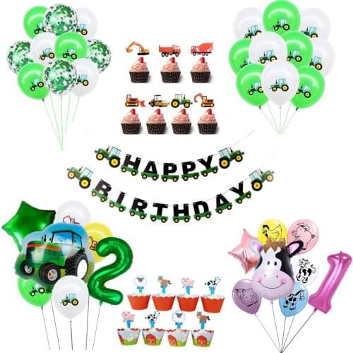 1Set Farm Green Theme Happy Birthday Banner Balloons Tractor Construction Vehicle Birthday Party Decoration Balloon