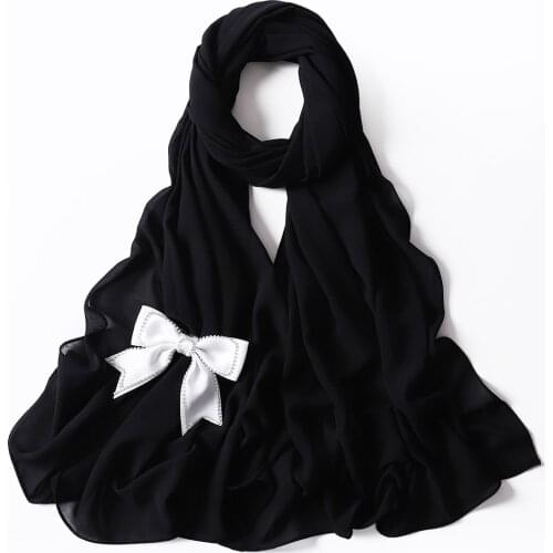1pcs White Bow decoration Chiffon Hijab Scarf Women Muslim Scarves Popular Shawl Bandana Turban New Style