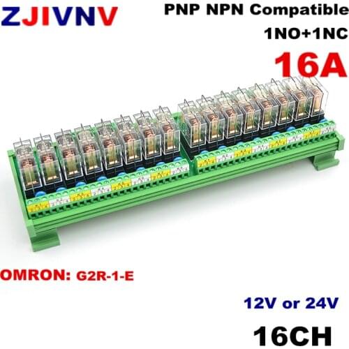 16 Channels 1NO+ 1NC, 1 SPDT DIN Rail Mount Interface Relay Module with OMRON G2R-1-E 16A INPUT DC 12V 24V PNP NPN compatible