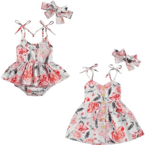 2021 New Summer 0-4Y Baby Girl Sister Matching Floral Print 2Pcs Set Bow Spaghetti Straps Sleeveless Bodysuit/Dress+Headband