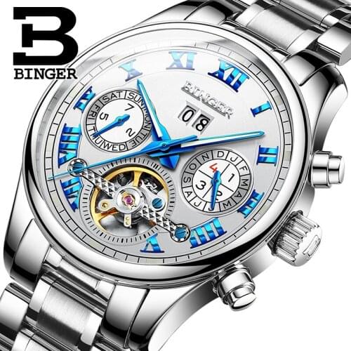 BINGER Tourbillon Hot Automatic Mechanical Brand Mens Watches Fashion Army Sports Waterproof Luminous Watch Luxury Full Steel