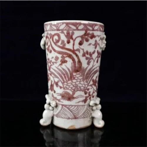 Jingdezhen Underglaze Red Porcelain Round Pen Container Double Phoenix Painting Three-foot Double Ears Pen Container