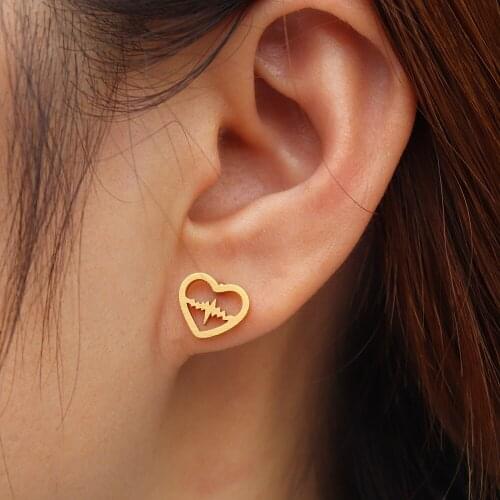 Women Heartbeat Stud Earrings ECG Romantic Heart Earings Stainless Steel Bijoux Femme Fashion Jewelry Boucles D'oreilles
