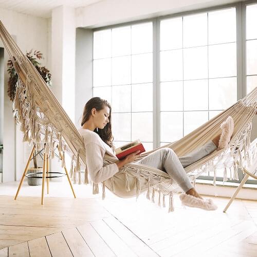 Indoor and Outdoor Camping White Tassel Hammock Without Bracket