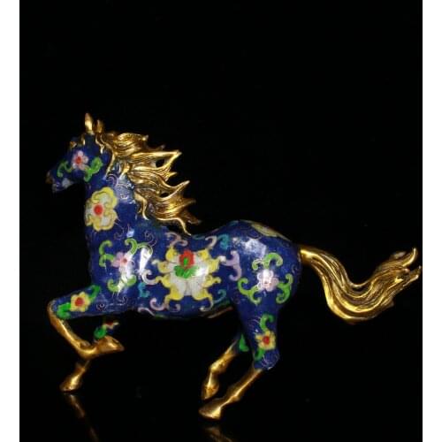 Rare Old Ming Dynasty Collection Cloisonne Galloping Horse Statue,blue,Free shipping