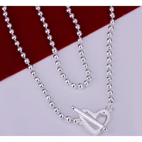 N145 Hot Sale Free Shipping Silver Color Fine Jewelry,Wholesale 925-Sterling-Silver Charms FashionHeart-Shaped Bean Necklace