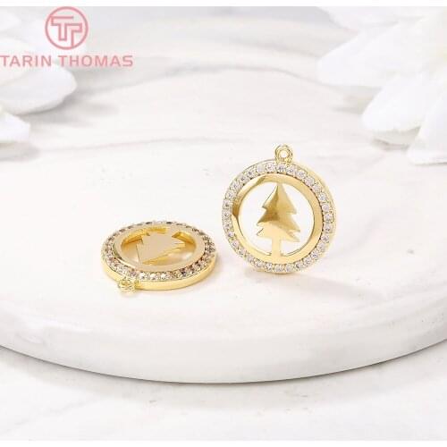2PCS 15MM 24K Gold Color Brass with Zircon Round with Tree Charm Pendants for DIY Jewelry Making Findings Accessories