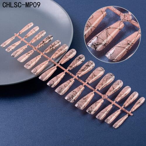 Fashion Metallic Line Designed Long Ballerina Fake Nails Acrylic Glitter Black Line Detachable Press on Nails Art Supplies Decor