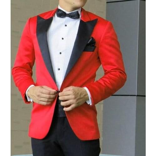 Handsome Red Groomsmen Peak Lapel Groom Tuxedos Mens Wedding Dress Man Jacket Blazer Prom Dinner 2 Piece Suit
