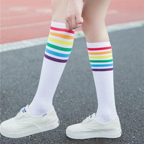 Perimedes New 2018 High Quality Professional Brand Sport Socks Over Knee Rainbow Stripe Girls Football Socks Black White#y40