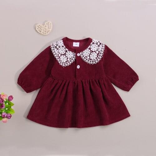 0-24M Girl’s Casual Long Sleeve Corduroy Dress Autumn Apring Fashion Solid Color Lace Doll Collar A-line Princess Dress