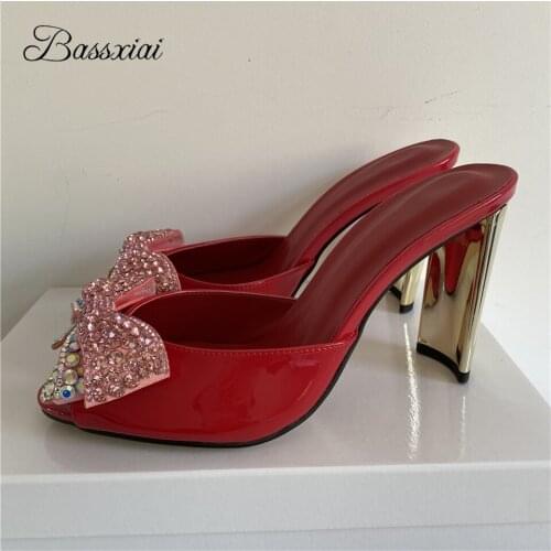 Luxury Rhinestone Butterfly-Knot Sandals Women Novelty Strange Heel Slingbacks Peep Toe Crystal Flower Summer Mules