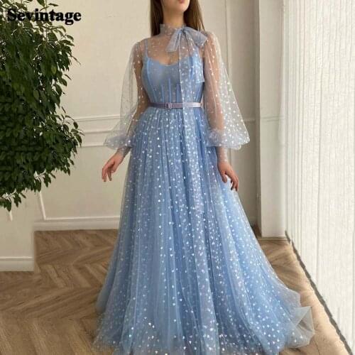 Sevintage Maya Blue See-through Puffy Sleeves Prom Dress High Neck Long Evening Gowns with Boning Bow Formal Party Dresses 2021