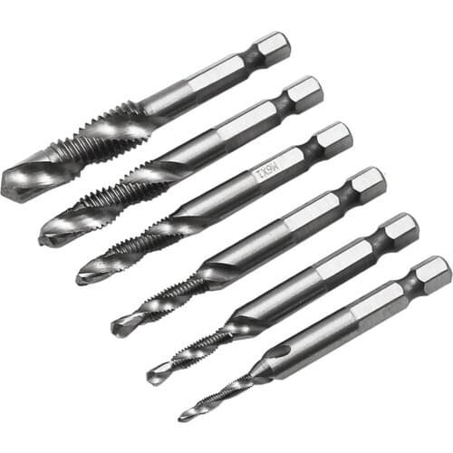 6Pcs 1/4'' Hex M3-M10 High Speed Steel Thread Spiral Screw Drill Bits Tap Metric Composite Taps for Screw Machine