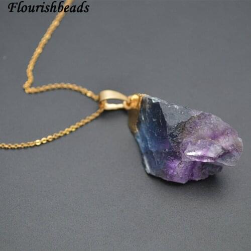High Quality Natural Fluorite Rough Stone Freeform Pendant Linked Chains Necklace Fashion Jewlery